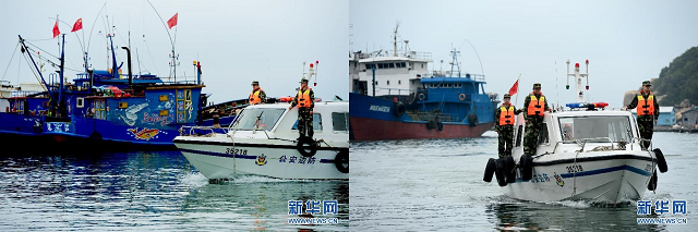 5月16日,大陸連江縣邊防民警在連江文灣海域檢查漁船回港情況。當日12時至8月1日12時,北緯26度30分以南福建省海域從事拖網、圍網、耙刺、陷阱、雜漁具等捕撈船只全面禁止作業。從5月1日12時起,大陸福建省海域陸續進入休漁期,福建省海洋與漁業、邊防等部門加強休漁期間船舶管理,確保船只按時回港休漁。新華社記者張國俊攝