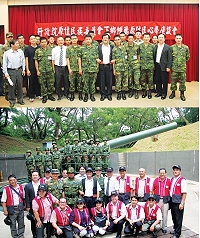 (上圖)主任謝少將與原民會主委傾聽原住民弟兄意見,於縣府簡報室座談會後開心合影留念。(下圖)主任謝將軍與主委、委員及操演弟兄於大砲連歡心合影。(圖:李承鴻)