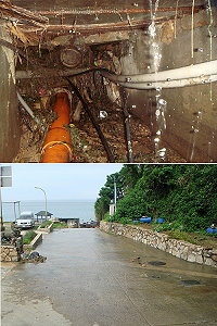 南竿仁愛村靠近海龍部隊下方一處蓄水池天雨溢流,因管線阻塞等緣故,無法於排水溝宣洩,大水直接淹過路面,議員要求檢討改善。(圖:縣府工務局提供)