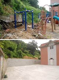 本縣仁愛國小去年8月因蘇拉及天秤颱風等風雨影響,遊戲區擋牆及地坪提報搶修,日前則已開始辦理完工結算。上圖為施工前,下圖為施工後照片。(圖/文:邱竟瑋)