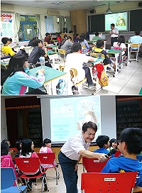 上圖:國立故宮博物院展出「幸福大師-雷諾瓦與二十世紀繪畫特展」,馬祖同步邀請故宮藝術快遞吳明秋老師前往四鄉五島分享,更特別是今年更與離島學校合作,讓藝術扎根校園。(圖:文化局提供);下圖:「幸福大師-雷諾瓦與二十世紀繪畫特展」藝文分享會,吳明秋老師講解生動有趣,小朋友也聽得津津有味。(圖/文:陳其敏)