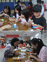 塘岐社協舉辦端午節系列活動,小朋友聚精會神彩繪立蛋。(圖/文:陳鵬雄)