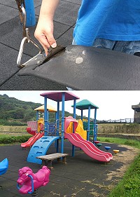 　東引東湧運動公園附設兒童遊樂區，民眾反映盪鞦韆的皮條已經裂解，周邊環境也不大理想。（圖／文：陳其敏）