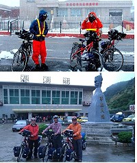 　台灣鐵馬家庭成員黃進寶、羅慶文與馬志朋16日完成橫貫中國7省、全長6375公里的41天單車騎乘壯舉，上圖為抵達新疆，下圖為5月6日到馬祖轉往福州。（圖：台灣自由車環島運動協會、馬祖自由車委員會提供）