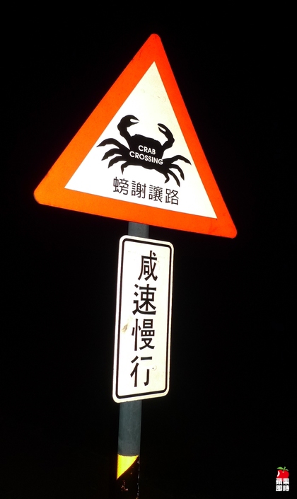 綠島的禮讓螃蟹交通號誌牌。(蘋果日報黃揚明攝)