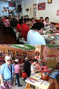 自助行遊客中餐以小吃店為主,結伴同行者點選特色菜餚,以老酒麵線賣得最好;特產店也比往常生意熱絡。(圖:宋志富)