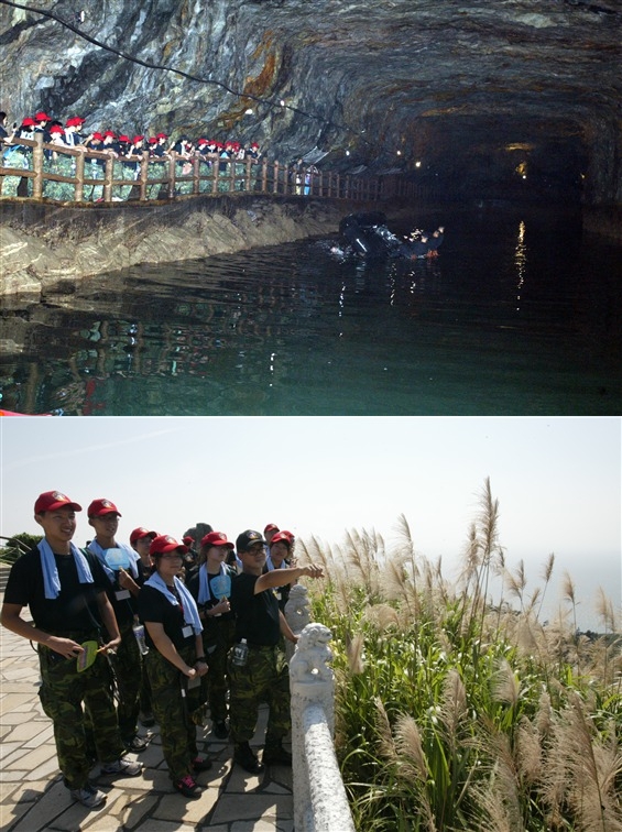 第1梯次馬祖戰鬥營學員們3日進入北海坑道及登上雲台山制高點俯瞰馬祖最大島南竿,遠方海天一線的美景,讓他們興奮不已。(軍聞社李忠軒)