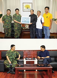 (上圖)馬防部陳指揮官偕同重要幹部拜會連江縣議長陳貴忠,雙方合影流念。(下圖)馬防部陳指揮官於7月4日拜會連江縣長楊綏生,軍民展現良好互動。(圖/文:呂則賢)