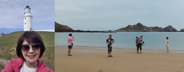 海峽兩岸共同製作的福州語MV《藍眼淚》福州製作團隊20日在莒光拍攝。(福正聚落 燈塔沙灘...)