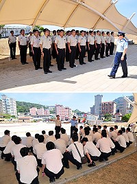 為強化役男服勤紀律,民政局特舉辦法紀教育暨在職教育訓練,首堂邀請到馬中教官施富洋主持基本訓練暨服裝儀容檢查,讓替代役重溫一下「被操」的感覺。(圖/文:曹重偉)