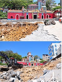 　金板境天后宮廟前廣場正進行地坪重新鋪設及全新兩層樓地下室興建，原先民眾習慣走的道路、階梯均已拆除，廟管會指出施工期間造成不便之處敬請見諒。（圖／文：曹重偉）