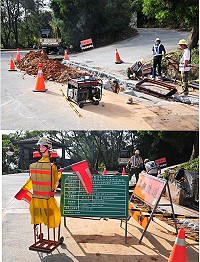 南竿鄉雲台山聯外道路因應中華電信管線改善工程,已於上週六起在路口進行路面開挖,沿途又都是機具及開挖碎石,相當危險,不過正值觀光旺季,讓一些想上山賞景的散客感覺相當突兀;施工單位敬請駕駛人提高警覺,造成不便之處敬請見諒。(圖/文:曹重偉)