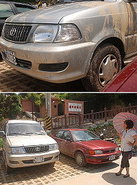南竿仁愛村一名鄉親投訴,20日晚間將愛車停在兩棲連下方停車場,一早起來卻發現滿是傷痕,懷疑是狂犬病犬隻所導致,縣府建設局會同警方勘驗,審慎追查原因。(圖/文:邱竟瑋)