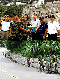 　輕度颱風「潭美」過境地區小災情不少，馬防部昨天上午投注兵力協助主幹道清掃工作，讓道路快速恢復整潔，副縣長陳敬忠代表縣長楊綏生前往向馬防部官兵慰勉致意，並致贈茶水感謝官兵協助地區災後復原工作。（圖／文：曹重偉）
