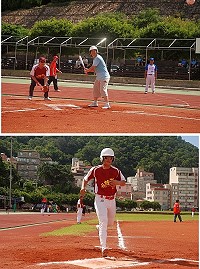 102年度連江縣體育季「打造運動島」計畫第8屆縣長盃慢速壘球錦標賽,昨天上午在福澳運動場開打,預賽甲組第一-花旗台江隊輕鬆上壘得分。(圖/文:邱竟瑋)