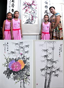 　橋仔姜家年僅十歲的三胞胎姊妹水墨畫作品令人驚艷。（圖／文：陳鵬雄）