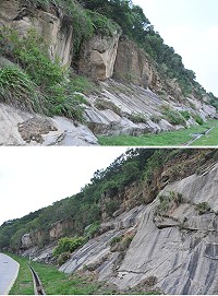 環島北路多處邊坡內側巨石因處順向坡,隱藏滑落危機。(圖/文:陳鵬雄)
