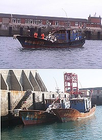 大陸鐵殼船在東引靠岸撒網捕魚,第10(馬祖)海巡隊進行逮捕,並按規定法辦。(圖:馬祖海巡隊東引分隊提供)