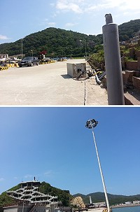 上圖:漁港碼頭1盞路燈傾倒;下圖:義消水上救生大隊大型探照高燈開關箱吹毀。(圖/文:宋志富)
