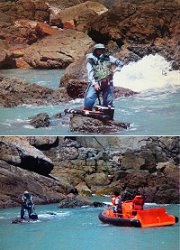　一位台籍釣客忘情垂釣受困礁石，海巡船艇緊急馳往救援順利完成任務，釣客有驚無險。（圖：馬祖海巡隊提供）