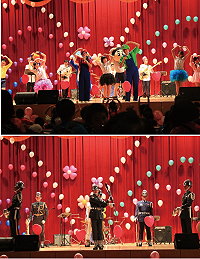 (上圖)示範樂隊演奏卡通組曲「小小世界」等多首曲目,台上台下互動熱絡。(下圖)三軍儀隊帶來精湛的操槍表演,讓在場師生大呼精彩。(圖/文:呂則賢)
