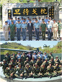(上圖)嚴部長視導海指部,並與海指部官兵合影。(下圖)嚴部長視導環山營區,驗證砲班弟兄一五五加農砲砲操訓練成果。(圖/文:呂則賢)
