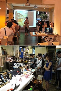 文化局在台灣舉辦「吹來一陣馬祖的風」2場人文咖啡講座,邀請在地藝術家曹楷智、李若梅分享馬祖人文風情,並在現場展示馬祖文創商品,出席民眾相當踴躍。(圖:文化局提供)