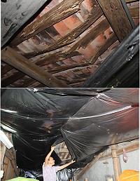 劉老太太老家屋頂被白蟻啃食,屋瓦嚴重下陷,老太太憂心著天兔颱風來襲後屋頂還能撐得住嗎?(圖/文:林冰芳)