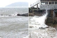 橋仔靠海的王健雄家下方,昨天上午已見大浪侵襲及颱風天被浪淹沒的橋仔碼頭岌岌可危的小船。(圖/王健雄提供)
