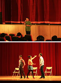 (上圖)縣長楊綏生應邀主持此次巡迴演出,表示馬祖與政治作戰學院關係匪淺。(下圖)政治作戰學院應用藝術系學生演出(三人行不行),內容充分展現職場的生活百態。(圖/文:林廷宇)