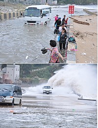 　塘后道受災淹水，遊覽車受困遊客涉水逃難。（圖／文：陳鵬雄）