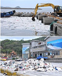 　颱風加上大潮，讓白沙碼頭海上、陸地全被保麗龍佔據。（圖／文：陳鵬雄） 