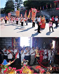 　台馬宗教交流美事又一樁！桃園平鎮慈雲普寺宮一行90人由主持周玉金、宮主王金帝及多位幹部，親捧該廟主神觀世音菩薩、關公等11尊神像金身組成進香團抵馬參訪，受到主委曾林官及廟宇委員的熱情歡迎。（圖／文：曹重偉）