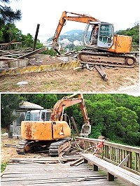 　多災多難的南竿山線半腰山觀景台走入歷史，已於近日拆除，縣府觀光局規劃該處與公車亭做連結，重建一座石材的欄杆平台，正值施工期間，提醒路過車輛小心駕駛。（圖／文：曹重偉）