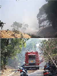 　因民眾露天焚燒雜草引起火災事件，東莒消防分隊及義消大隊迅速前往撲滅火勢。（圖／文：林冰芳）