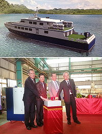 新島際交通船「東海明珠」號預定明年9月2日交船。縣府在今年3月簽約,至9月底建造實際進度為32.46%。「東海明珠」號昨日上午10時在宜蘭龍德造船廠舉行正式開工,縣長楊綏生等主持按鈕典禮。(圖:縣府交通局提供)