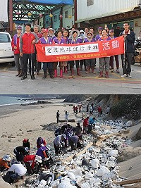 愛護環境愛護地球,東莒社協多元工作人員、莒光社區健康營造中心、東莒義消大隊三隊人馬聯手舉辦後澳沙灘淨灘活動。(圖/文:林冰芳)