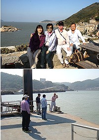 上圖為「太陽公主號」郵輪所屬公司地接部經理Rob Roberts(右2)、台灣地區地接總代理金界旅運服務集團董事長張李正琴(左2)實地了解景區;下圖為港務處長林長青陪同勘察福澳碼頭設施。(圖:馬管處、連江縣港務處提供)