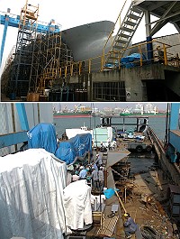 交通局11日前往高雄召開新臺馬輪11月履約督導會議,由交通局長劉潤南率相關同仁出席與會,截至目前總施工進度百分比為38.70;會後劉潤南及與會人員至新船製作現場巡視新船汽車甲板及艙底,並瞭解及各項裝備安裝及佈置情形,並要求船廠持續努力施工。(圖:縣府交通局提供)