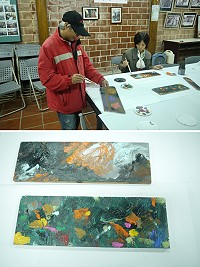 　上圖：曹楷智老師（左一）引領學員進行一場別開生面的色彩學之旅。下圖：學員的成果作品，每一片都是大家用心的創意結果。（圖／文：沈佳瑩）