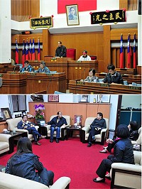 連江縣議會第5屆第8次定期大會登場,於下午4時召開預備會議,由議長陳貴忠主持;縣長楊綏生、秘書長劉羽茵專程前往拜訪,預祝大會順利圓滿。(圖/文:曹重偉)