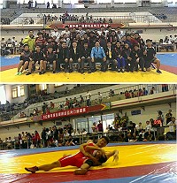 102全國「總統盃」角力錦標賽,連江縣角力代表隊獲9金6銀7銅,上圖:全國角力協會理事長張聰榮(著藍色西裝),第1排左6是秘書長蔡勝良到場祝賀及合影,左4是新聘角力教練林曉鴻(鐵板林金龍兒子)。(圖:連江縣角力代表隊教練陳世偉提供)