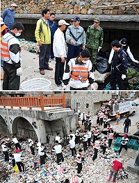 東北季風大熾,復興澳口再現大量垃圾,縣府環保局15日特別商請馬防部協助,支援混砲營及步兵連弟兄100名與該局人員聯手清理海灘上堆積如山的垃圾;指揮官陳曉明也專程前往視察及為弟兄加油打氣。(圖/文:曹重偉)
