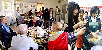 婦女會傳統美食研習中,馬港陳雪金(圖後中)指導及理事長李金梅(右)與姐妹們一起參與。美食成果發表會在大同之家,細心幫長輩把飯菜,剪成好入口的大小,讓每一位長輩快樂用餐。(圖:連江縣婦女會、連江縣大同之家提供)