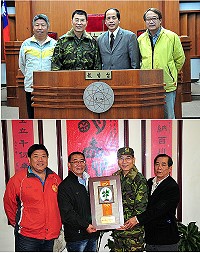 　馬防部政戰主任謝明德即將榮調，昨天特別前往縣議會及副議長服務處辭行，受到議長陳貴忠、副議長曹以標的熱情歡迎，並分別致贈紀念品感謝他1年多在馬服務期間對地方事務的大力支持與協助。（圖／文：曹重偉）