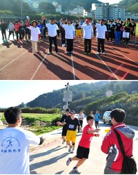 「2013馬祖10公里路跑賽」昨天清晨活力開跑,在縣長楊綏生、指揮官陳曉明等人共同鳴槍後,百位參賽軍民選手應聲而出,一起向前大步邁進。(圖/文:曹重偉)