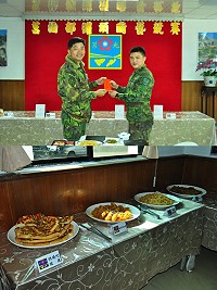 (上圖)張副指揮官提到,軍用罐頭為外島部隊特色,如能巧妙運用,讓料理更多變化,即可讓弟兄於戰訓之餘也能享用美味料理。(下圖)參賽各連之罐頭料理皆充滿創意變化,令試吃評審眼睛為之一亮,最終機步連弟兄以「起士雞肉堡」奪得競賽冠軍。(圖/文:吳岳衡)。