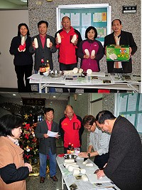 為推廣北竿大蘿蔔,議員王長明與陳建光聯手合作,由王長明提供最新鮮的白蘿蔔,再由陳建光提供獨家醃蘿蔔秘方給同仁免費學習,讓議會大廳如美食研習班一樣熱鬧。(圖/文:曹重偉)
