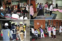 因應地區地震及火警等潛在威脅,縣立醫院舉辦地震及火災聯合應變演練,模擬地震後的全員就地緊急防護措施及引發火災後,院內職員立即依據任務分工,配合消防人員一同完成滅火,同時引導院內病患平安疏散至戶外,演練過程相當順暢;副縣長陳敬忠等來賓都給予高度評價,提醒牢記標準作業程序,縮短應變時間,減少災害損失。(圖/文:曹重偉)