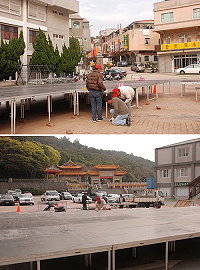 馬祖的跨年晚會即將於12月31日晚間9時舉行,縣府觀光局及承包商昨日進駐馬港展開搭台作業,第一線施作人員反覆確認,確保舞台穩固性。(圖/文:邱竟瑋)